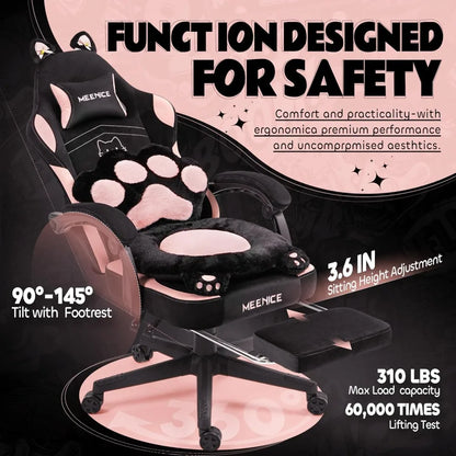 Cute Pink Gaming Chair with Cat Ears/Paw Lumbar/Cushion - Ergonomic Reclining PC Chair with Footrest (300lbs, Girls/Adults)