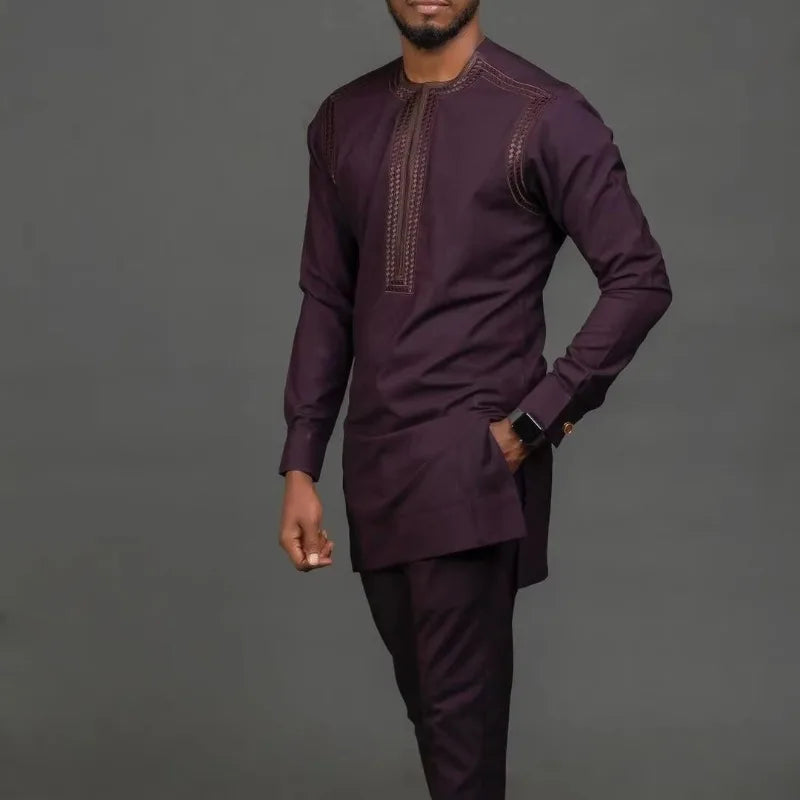 African Muslim Men Wedding Suit 2 Piece Set Long Sleeve Round Neck Top and Pants Traditional Style