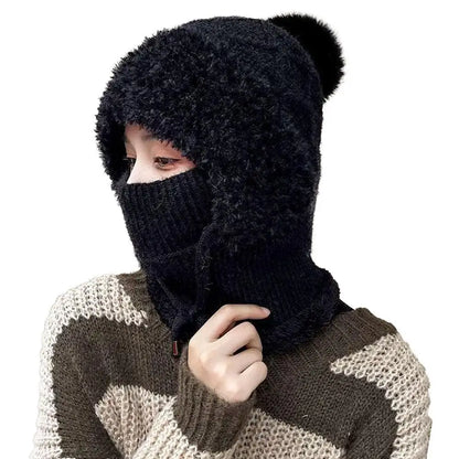 Women Winter Velvet Knitted Woolen Balaclava Hat Ear Protection fluffy Hat Mask Neck Integrated Warmth Cover Hat lady hooded cap