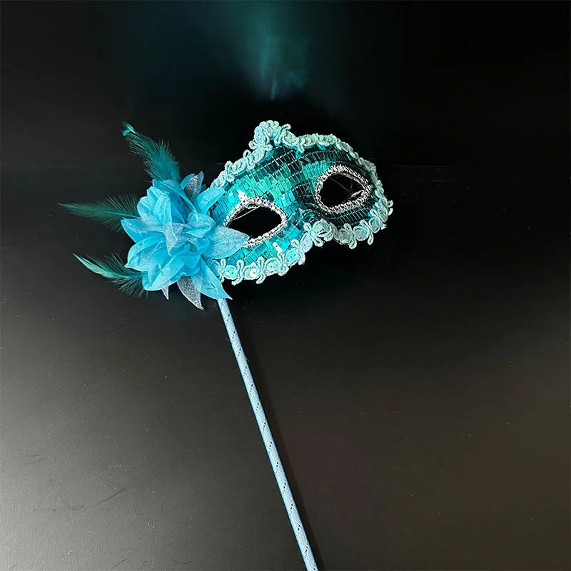 Venetian Princess Handheld Sequin Mask Women Side Flower Feather Face Cover with Holding Stick Mardi Gras Party Masquerade Mask