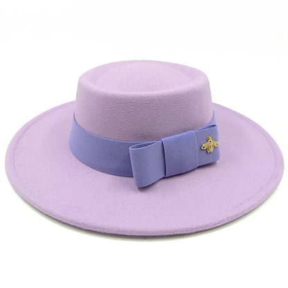 Bow Tie Fedora Hat Winter Round Bumpy Surface Flat Top Bow Tie Elastic Band Men's and Women's Red Jazz Hat Fedora