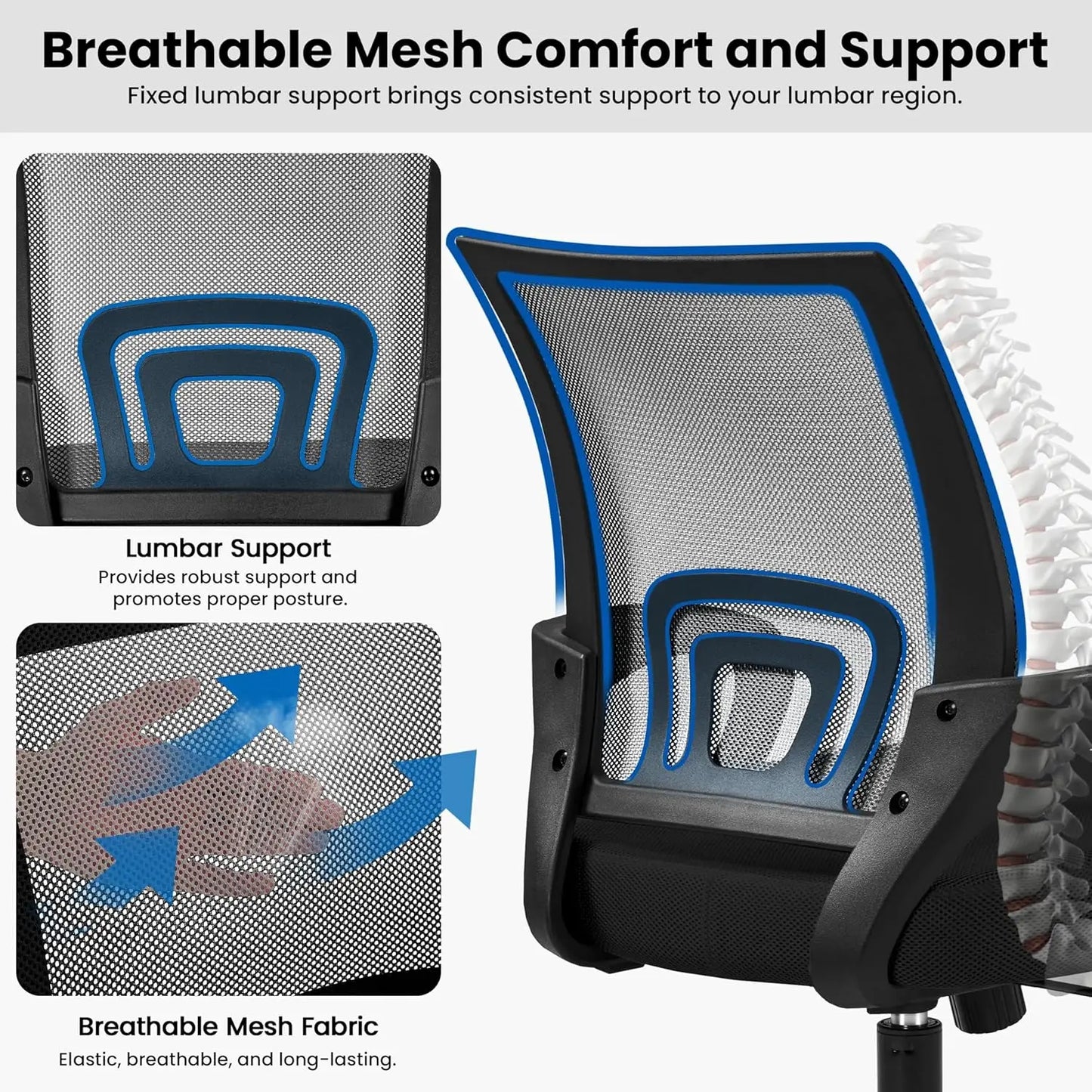 Adjustable Ergonomic Mesh Office Chair with Lumbar Support and Armrests for Home Office Work Study, Black