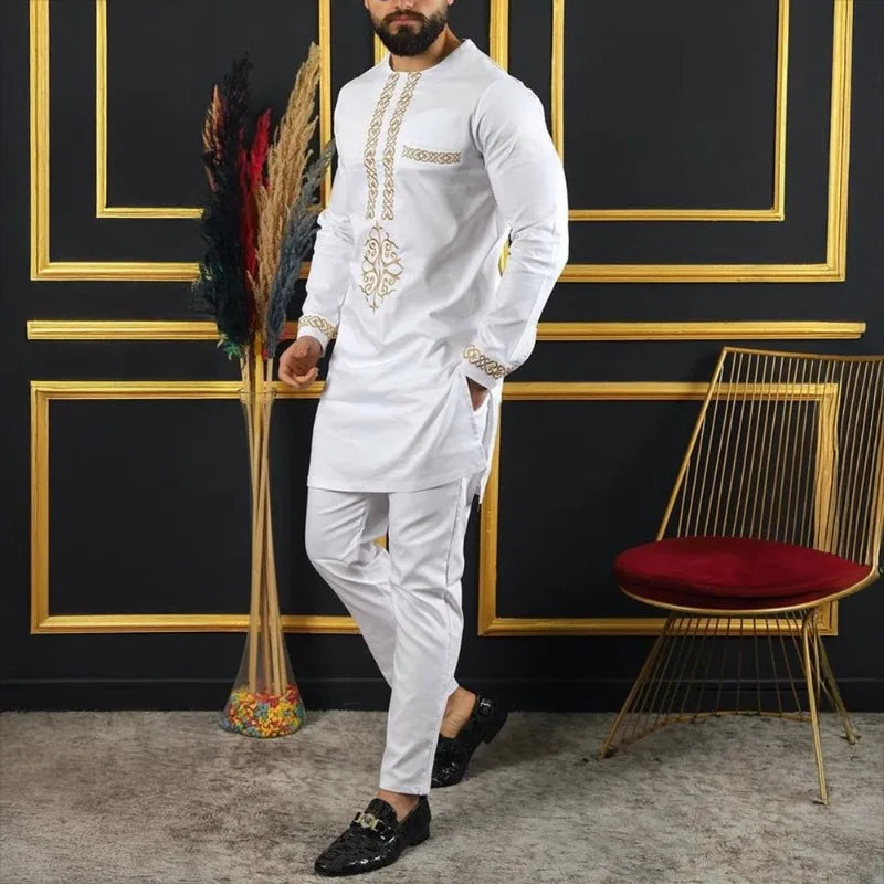 African Muslim Men Wedding Suit 2 Piece Set Long Sleeve Round Neck Top and Pants Traditional Style