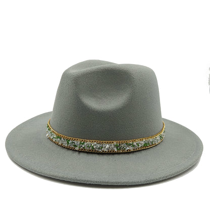 women fedoras golden chain fedora hat women men wide brim solid color jazz top hat autumn winter new Panama hat gentleman hat