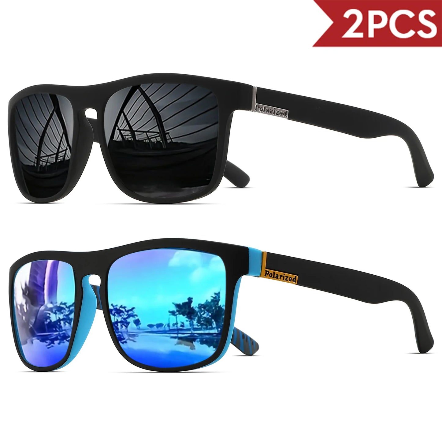 2PCSClassic Square Polarized Sports Sunglasses Lightweight PC Frame UV400 for Driving Fishing Cycling Unisex Everyday Durability
