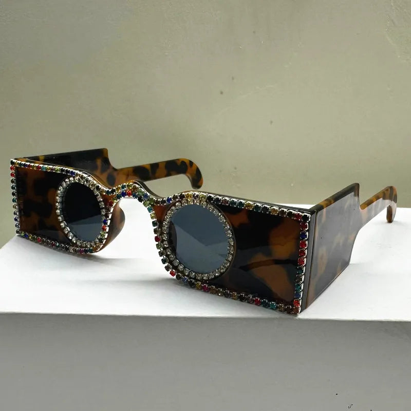 Unique Hand Diamond Square Women Sunglasses Luxury Rhinestone Small Round Lens Shades Female New Wide Legs Sun Glasses Men UV400