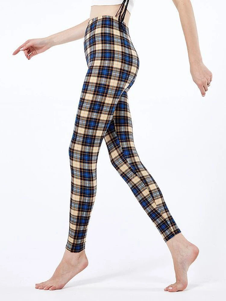 CUHAKCI Fashion Plaid Printing Leggings Women Sexy Fitness Leggins Grid Floral Stripe Trousers High Waist Pencil Pants