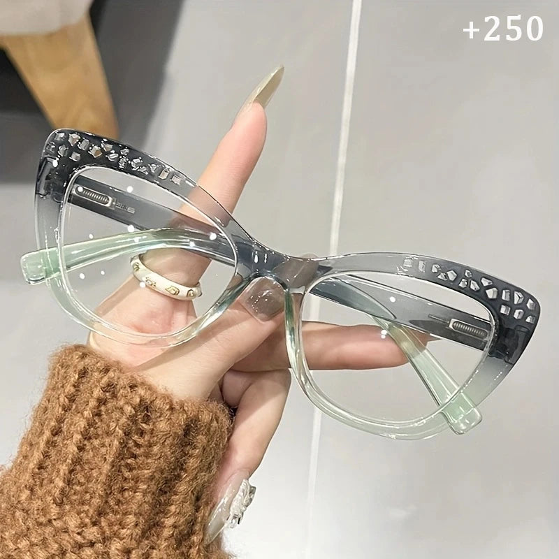 Fashion Lady Color-blocked with embedded water droplets ladies' reading glasses, With Prescription 1.0X-4.0X Cat-eye Glasses