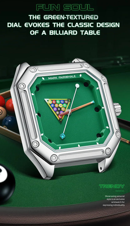 Mark Fairwhale 5047 Men Quartz Watch Square Case Luminous Billiards Dial Wristwatch Rubber Strap Watches for Men