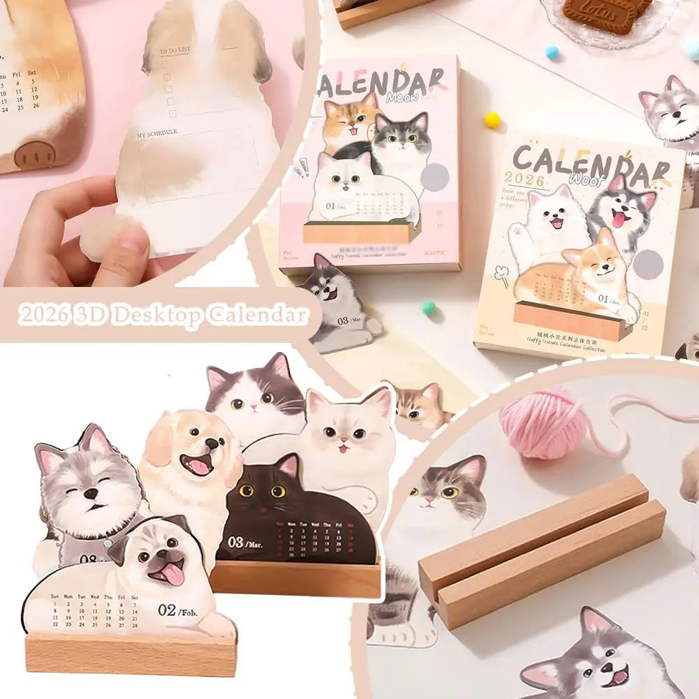 Wooden Base 2026 3D Cat Dog Series Desk Calendar,Multifunctional Desktop Planner Calendar Yearly Agenda Organizer for Home Offic