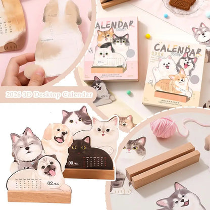 Wooden Base 2026 3D Cat Dog Series Desk Calendar,Multifunctional Desktop Planner Calendar Yearly Agenda Organizer for Home Offic