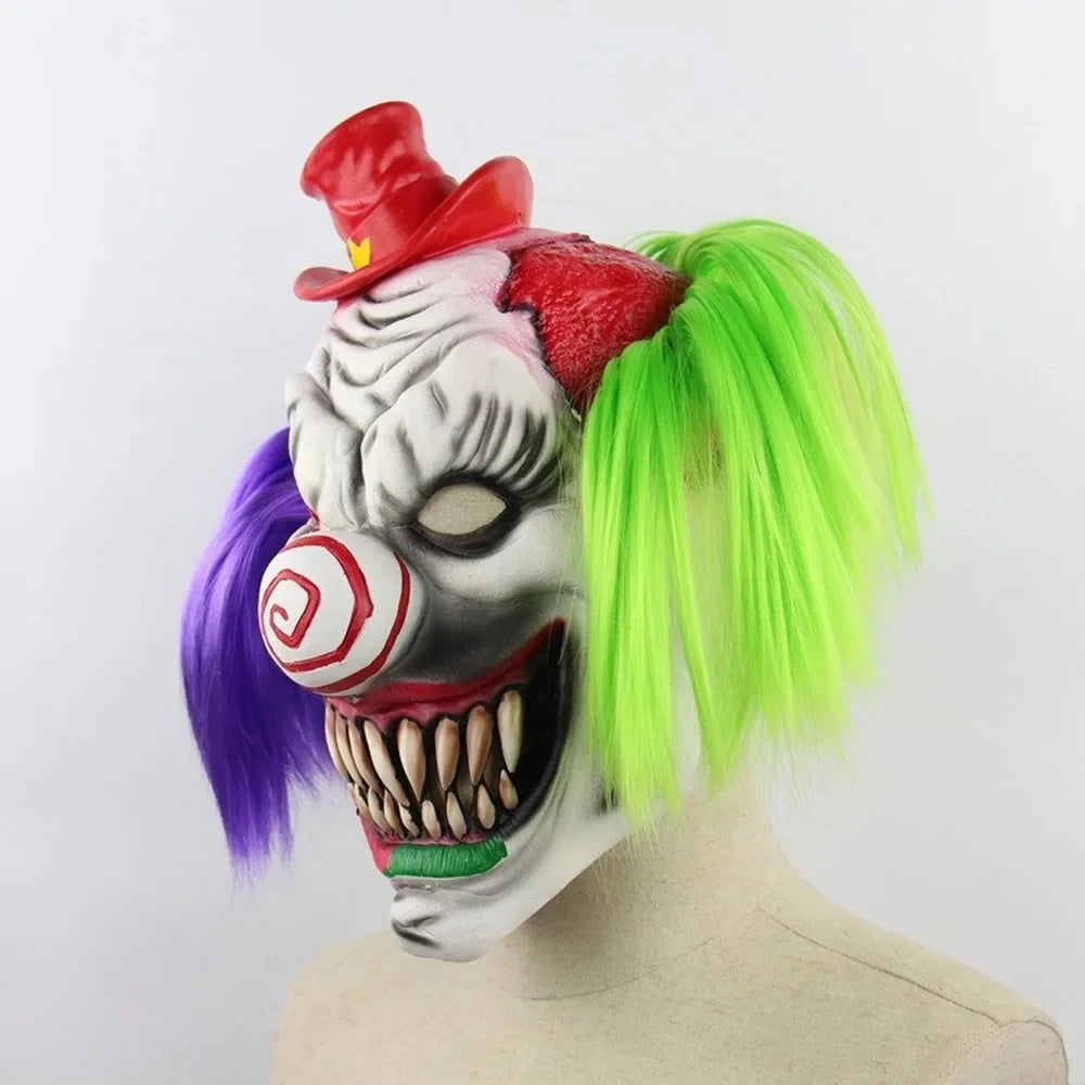 Scary Clown Mask with Purple Green Hair Horror Smile Face Mask Creepy Clown Costume Halloween Huanted House Prop