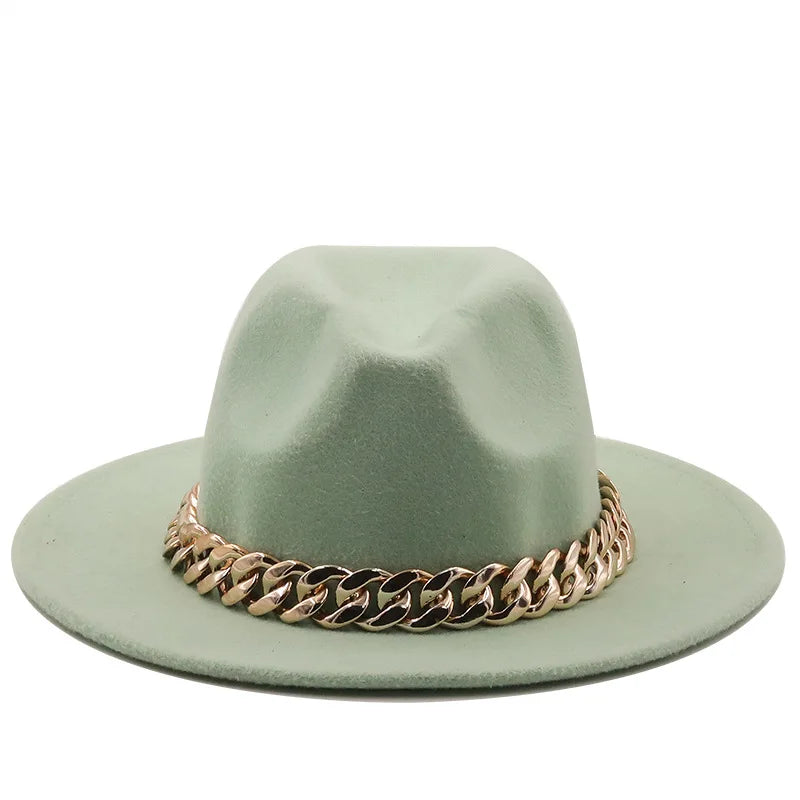 women fedoras golden chain fedora hat women men wide brim solid color jazz top hat autumn winter new Panama hat gentleman hat