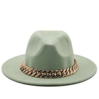 women fedoras golden chain fedora hat women men wide brim solid color jazz top hat autumn winter new Panama hat gentleman hat