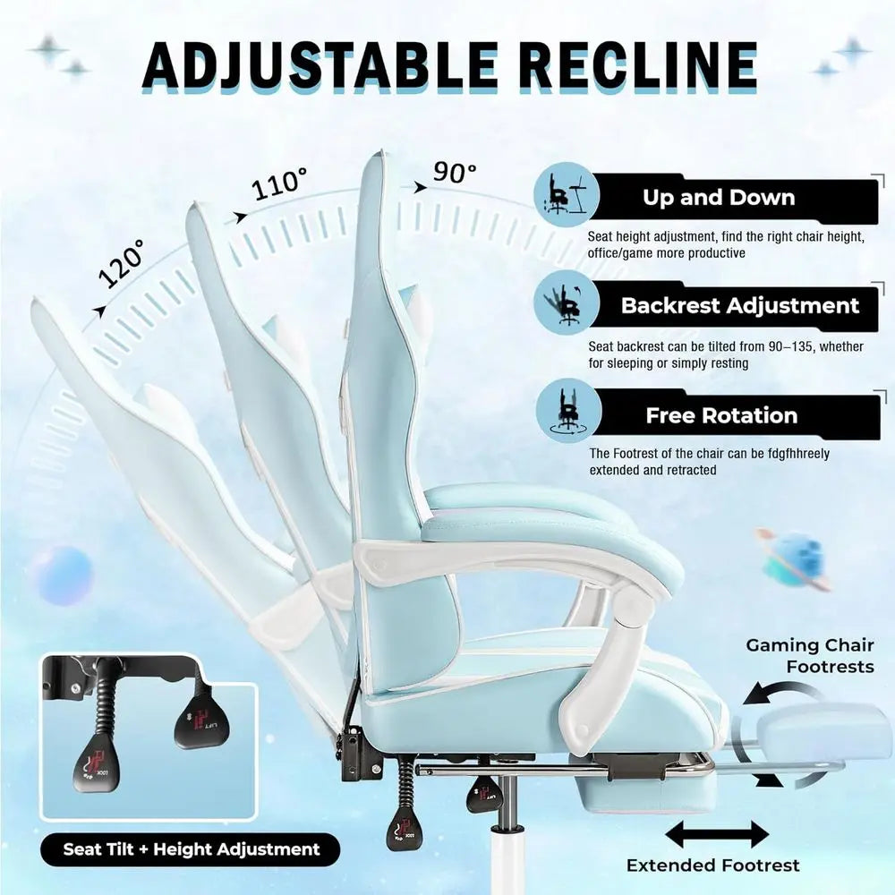 Ergonomic Swivel Gaming Chair with Lumbar Massage, Adjustable Height, and Ottoman (Light Blue)