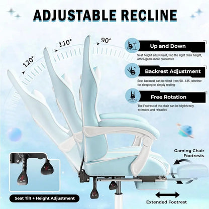 Ergonomic Swivel Gaming Chair with Lumbar Massage, Adjustable Height, and Ottoman (Light Blue)