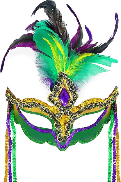Women Mardi Gras Mask with Feathers Masquerade Mask Venetian Halloween Costumes