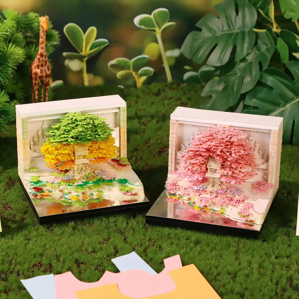 3D Calendar Sticky Notes of Flower Sea and Tree Island 2026 Unique Paper Sculpture Calendar For Desk Decor With Lights Design