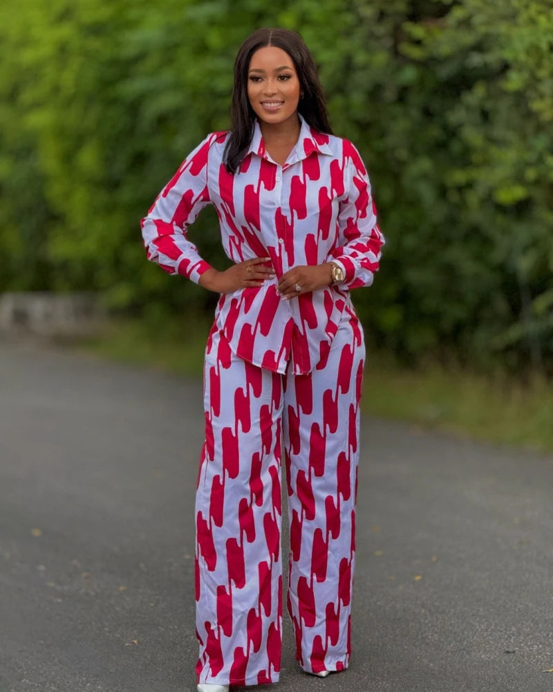 African Fashion Stripe Printed Two Piece Set Women Spring Autumn Casual Button Long Sleeved Shirt Wide Leg Pants Set