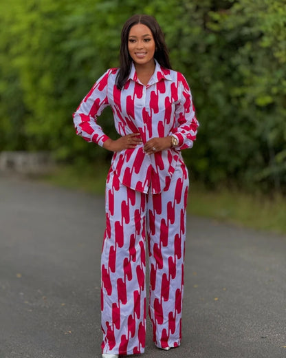 African Fashion Stripe Printed Two Piece Set Women Spring Autumn Casual Button Long Sleeved Shirt Wide Leg Pants Set