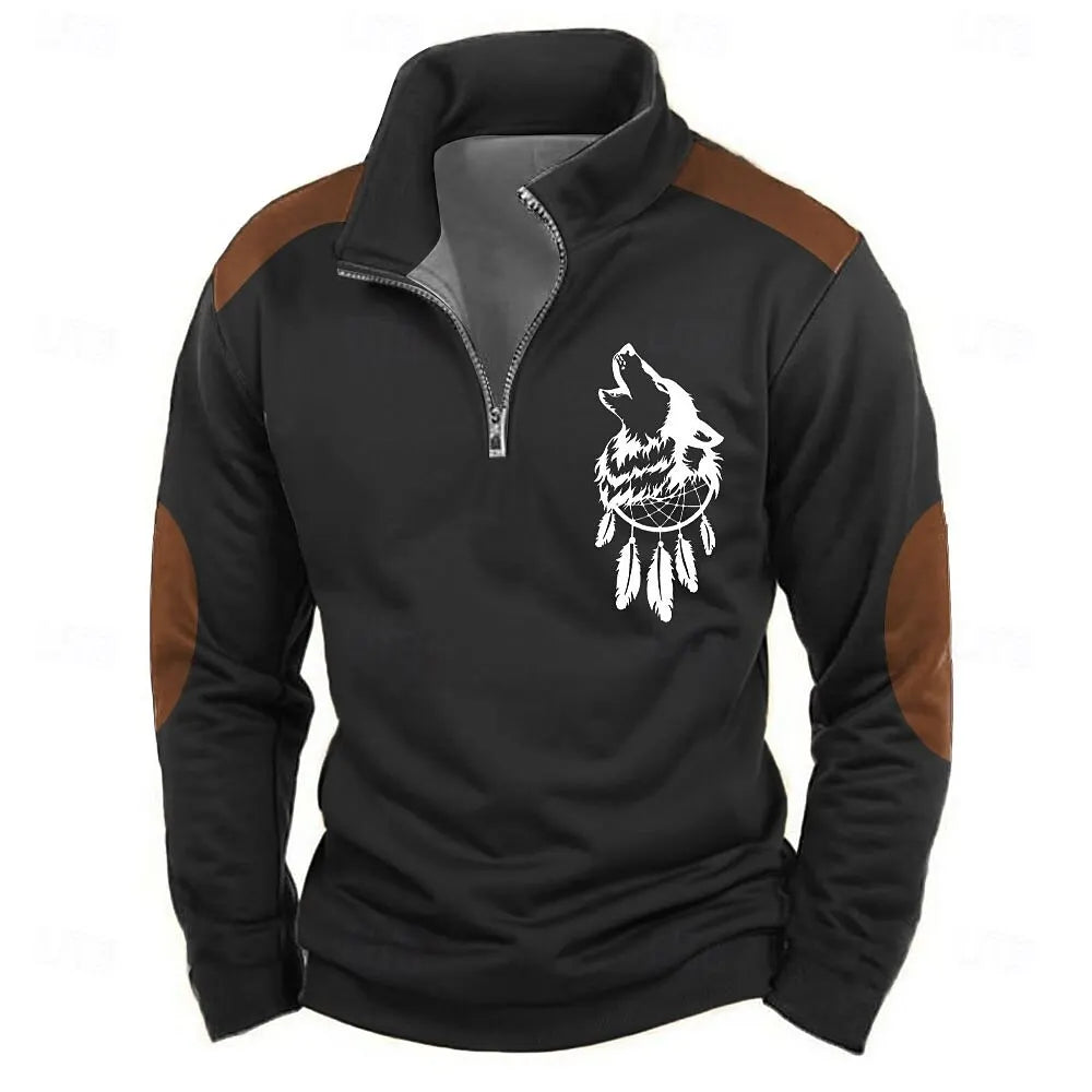 3D Printed Animal Pattern Zipper Sweatshirt For Men Vintage Elk Wolf Pattern Long Sleeve Pullover Autumn Casual Comfortable Tops