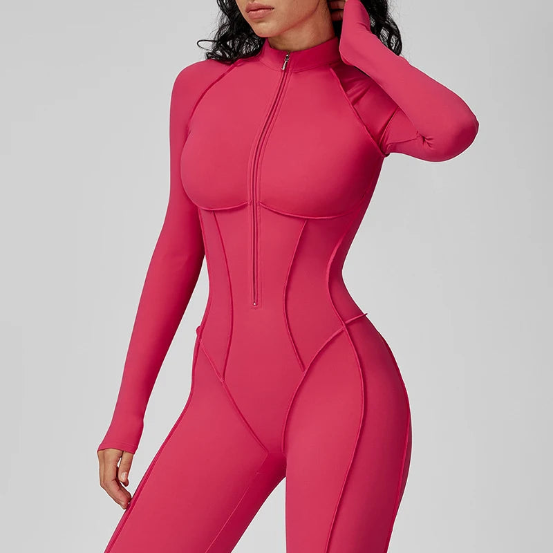 Women's Contrast Collar Half-Zip Bodysuit One-Piece High-Intensity Fitness Sports Jumpsuit Yoga Suit