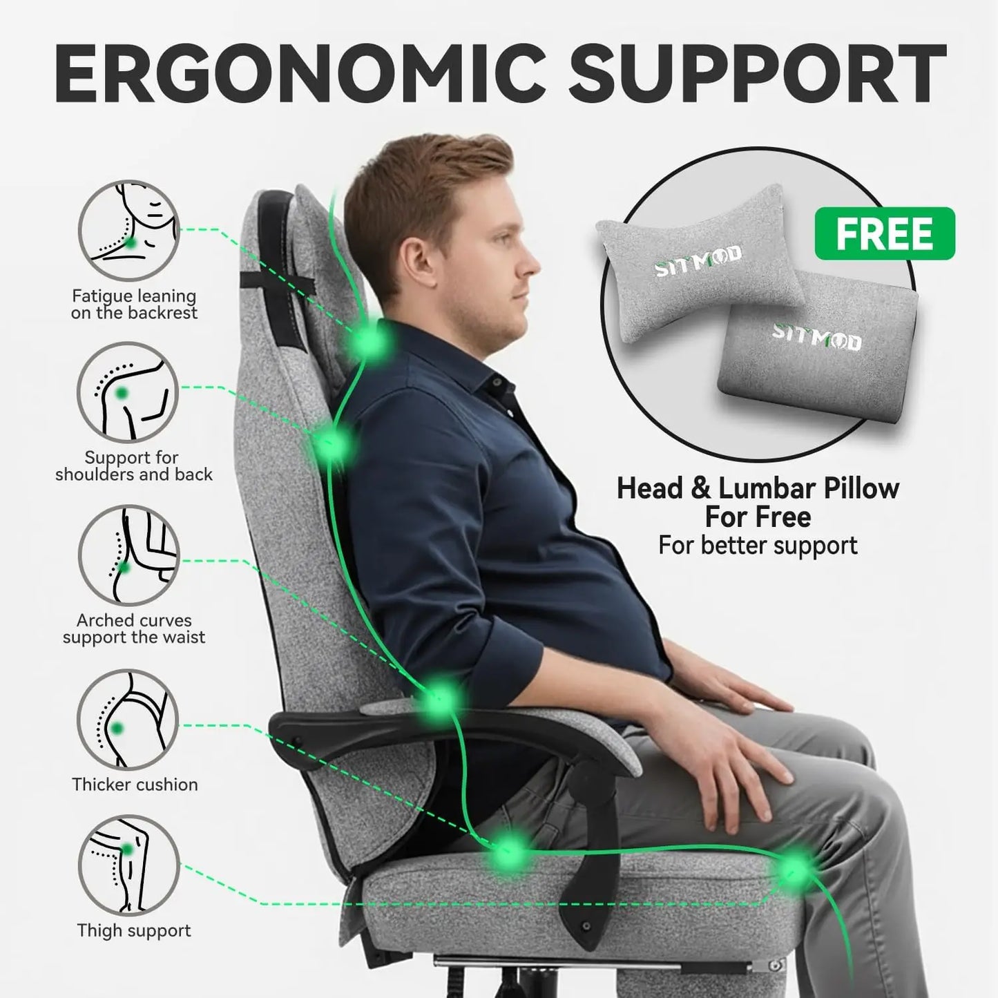 Gaming Chair, Video Game Chairs for Adults with Footrest High Back Headrest Lumbar Support Fabric Office Computer Desk Chair
