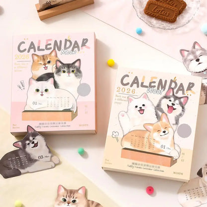 Wooden Base 2026 3D Cat Dog Series Desk Calendar,Multifunctional Desktop Planner Calendar Yearly Agenda Organizer for Home Offic