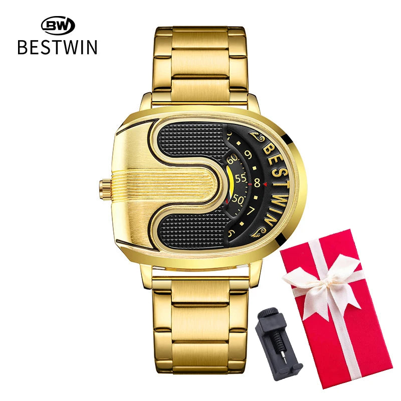 Gold Top Brand Luxury Men Watches Unique Design Stainless Steel Band Golden Dropship relogio masculino High Quality Male