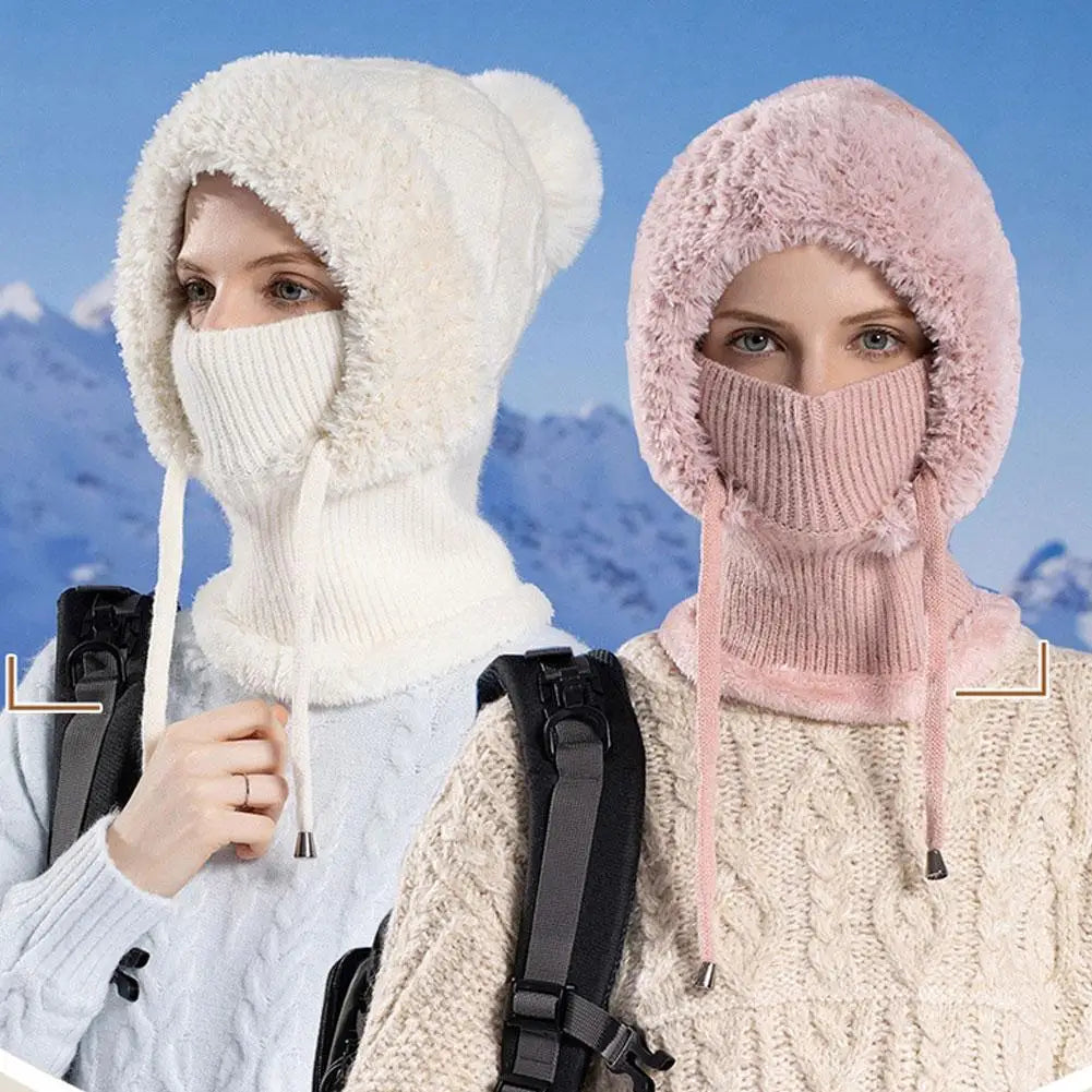 Women Winter Velvet Knitted Woolen Balaclava Hat Ear Protection fluffy Hat Mask Neck Integrated Warmth Cover Hat lady hooded cap
