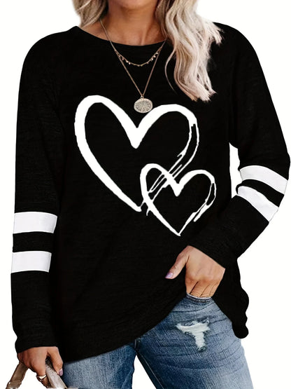 Plus Size eyelet hollow solid  heart-shaped printed long-sleeved top autumn and winter women's casual T-shirt with light stretch