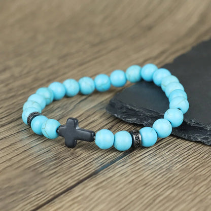 Men Crucifix Beaded Bracelet Onyx White Howlite Healing Braclet Charms Natural Stone Prayer Wristbands Stretch Religious Jewelry