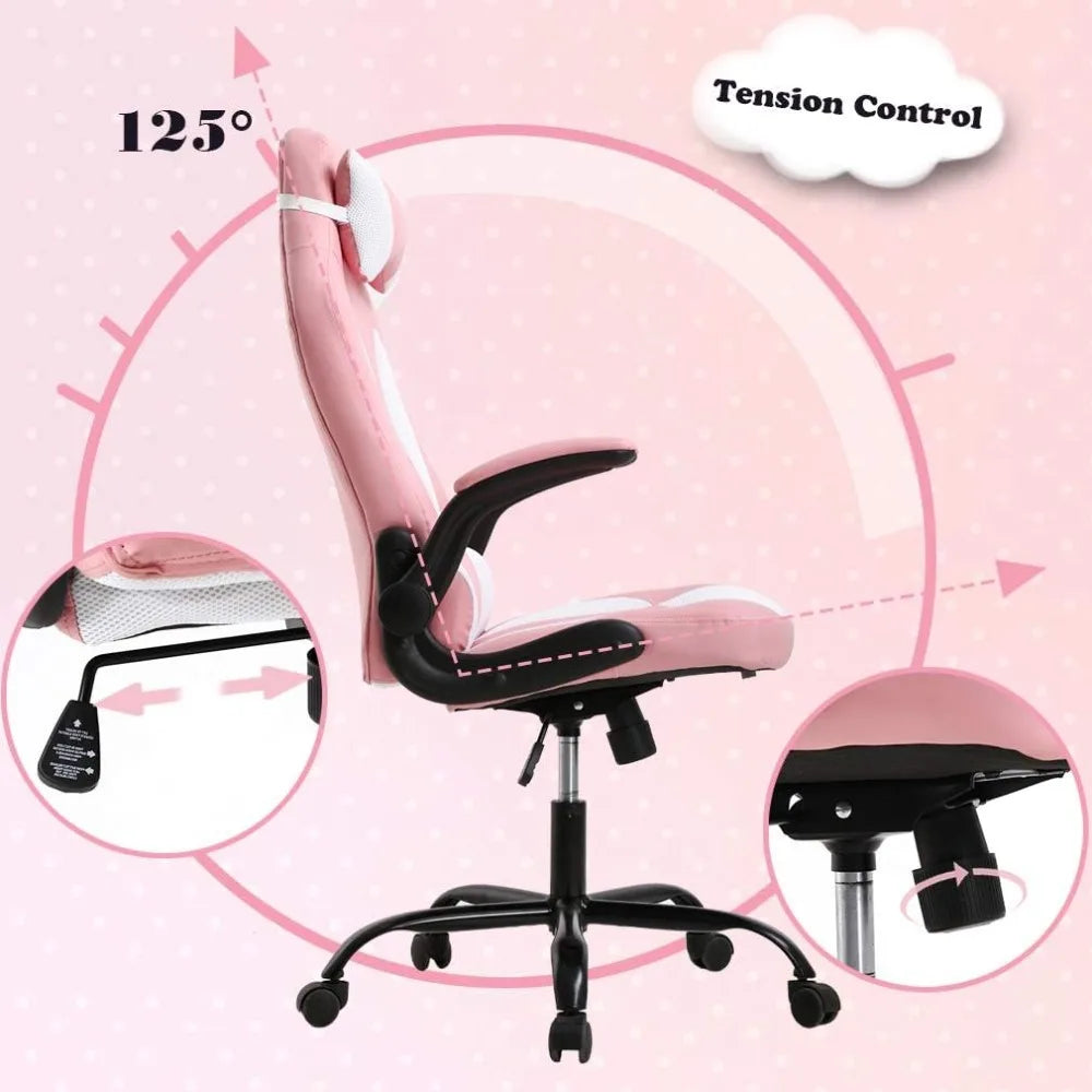 Gaming Chair Office Chair Desk Chair with Lumbar Support Flip Up Arms Headrest Swivel Rolling Adjustable PU Leather Racing