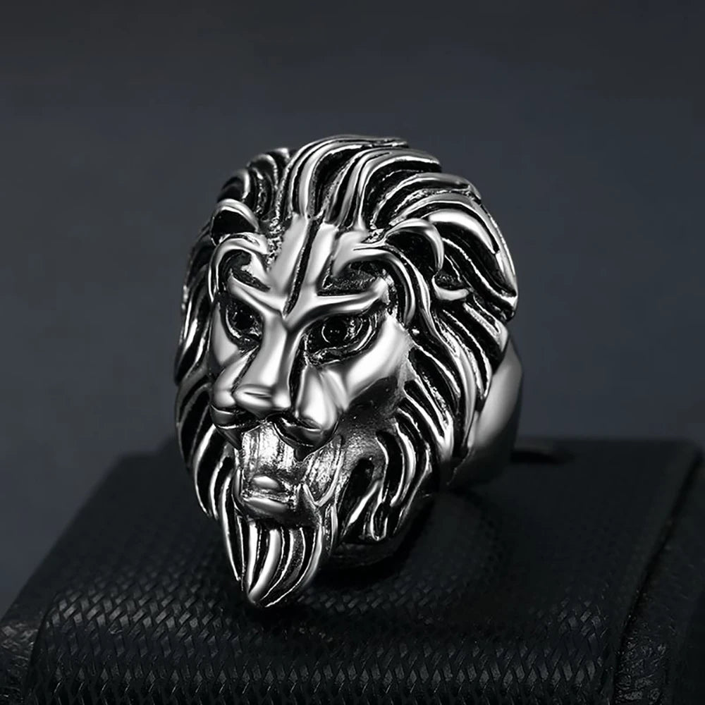 Retro Detailed Stainless Steel 3D Lion Head Rings For Men Punk Gothic Rock Animal Ring Domineering Biker Jewelry Accessories