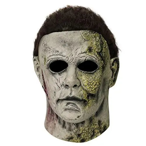 Halloween Michael Myers Mask Scary Killer Full Head Mask Creepy Fire Burn Scar Latex Face Mask Cosplay Costume Party Props Knife