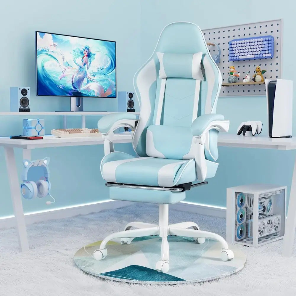 Ergonomic Swivel Gaming Chair with Lumbar Massage, Adjustable Height, and Ottoman (Light Blue)