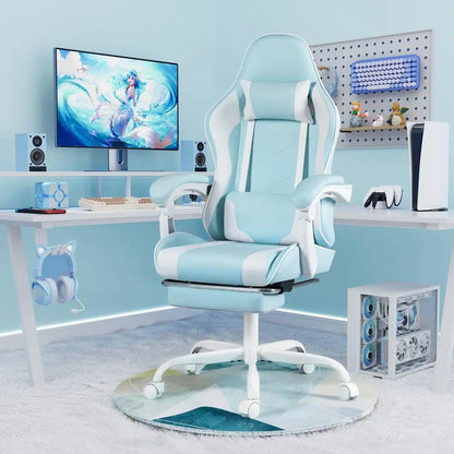 Ergonomic Swivel Gaming Chair with Lumbar Massage, Adjustable Height, and Ottoman (Light Blue)