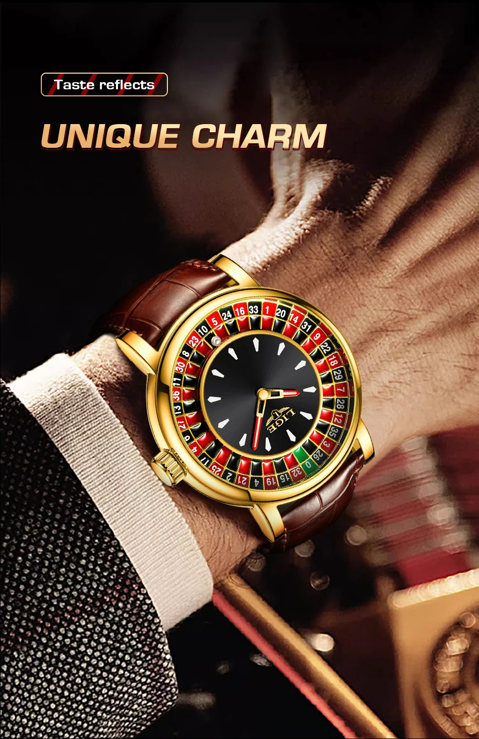 LIGE Creative Golden Mens Watches Roulette Game Dial Fashion Man Watch Waterproof Luminous Quartz Wristwatches Rolling Ball+Box