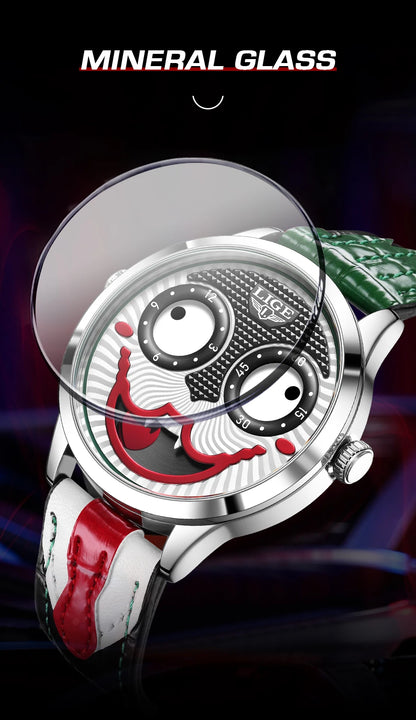 LIGE Creative Joker Watch Men Clown Men's Watches Fashion Leather Strap Waterproof Quartz Wristwatches Moon Phase Clock+BOX