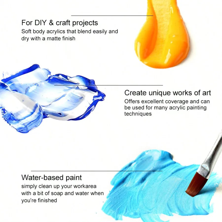 24 Colors Acrylic Paint Set (2oz) - Professional Craft Paint Kit With 12 Brushes For Canvas/Rock/Ceramic/Wood