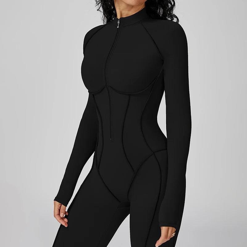 Women's Contrast Collar Half-Zip Bodysuit One-Piece High-Intensity Fitness Sports Jumpsuit Yoga Suit