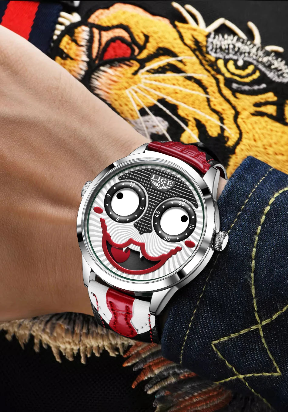 LIGE Creative Joker Watch Men Clown Men's Watches Fashion Leather Strap Waterproof Quartz Wristwatches Moon Phase Clock+BOX