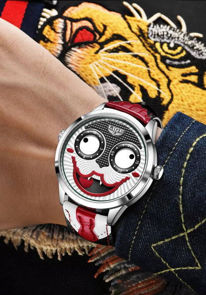 LIGE Creative Joker Watch Men Clown Men's Watches Fashion Leather Strap Waterproof Quartz Wristwatches Moon Phase Clock+BOX