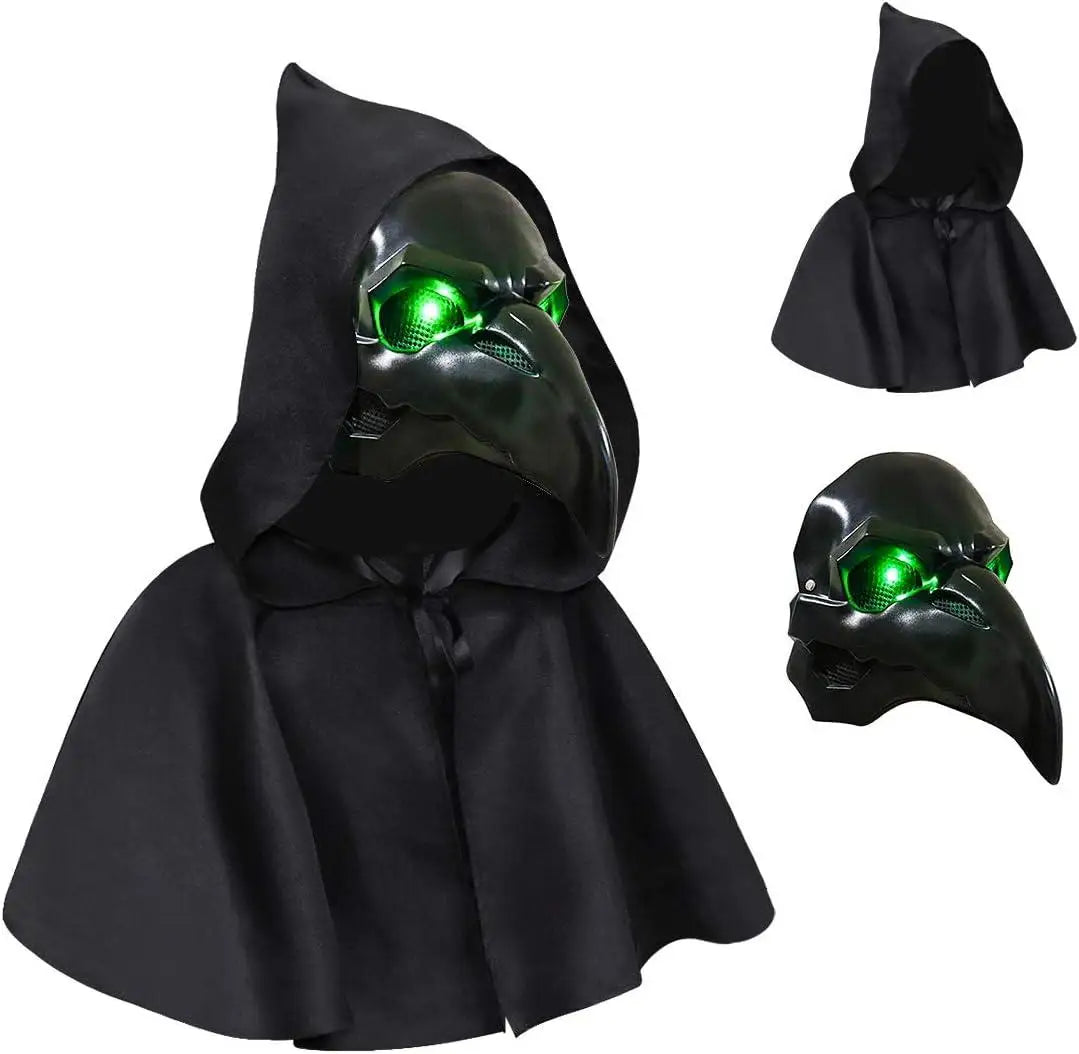 Punk Crow Mask Costume Reaper Nevermore Black Skin for Overwatch Plague Doctor Cosplay Masks Birds Long Nose LED Eyes Retro Rock
