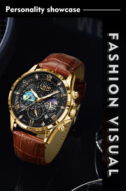LIGE 2024 Top Luxury Brand Men Genuine Leather Sports Watches Men's Army Military Watch Male Date Quartz Clock Relogio Masculino