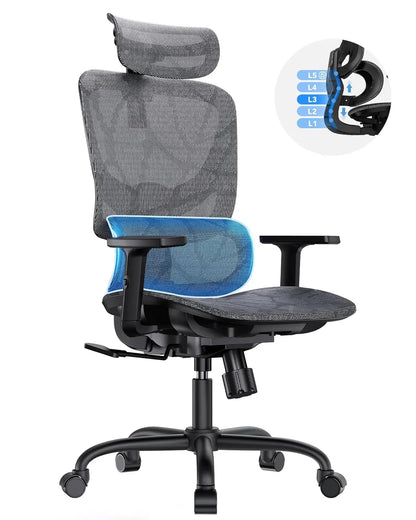 Ergonomic Mesh Office Chair with 5-Level Lumbar Support, Computer Gaming Chair with Adjustable Headrest & Armrests,, Customized
