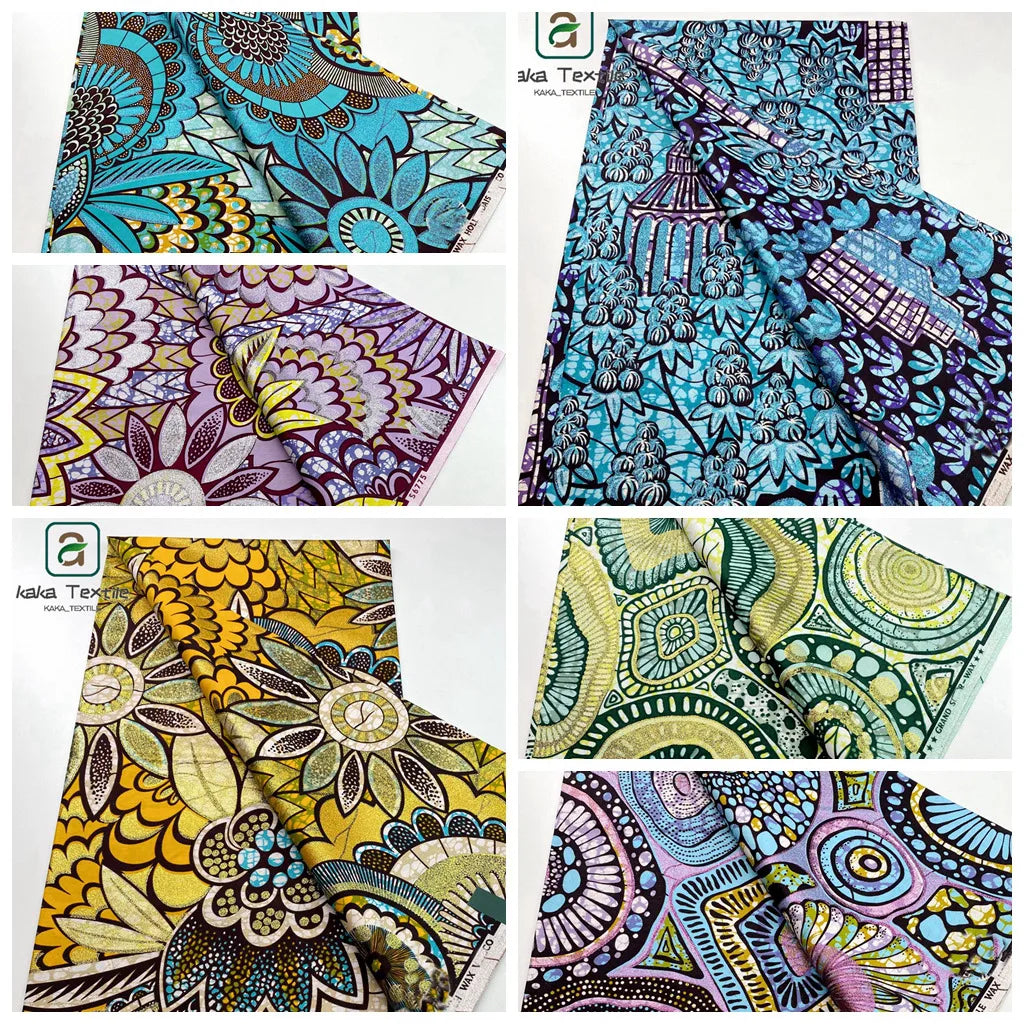 Soft Golden Glitter Grand Wax Fabric Cotton Ankara Golden Wax Flash Gold Print Batik Super Quality African Wax Fabric 6yards