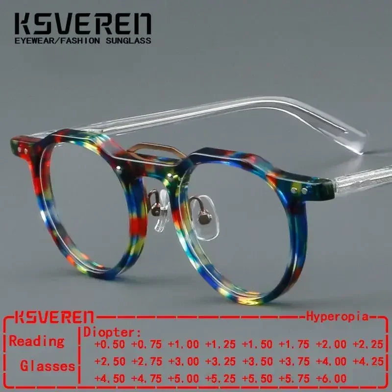 KSVEREN Vintage Acetate Frame Reading Glasses Men Women Fashion Round Rivet Optical Glasses Transparent Prescription Spectacles