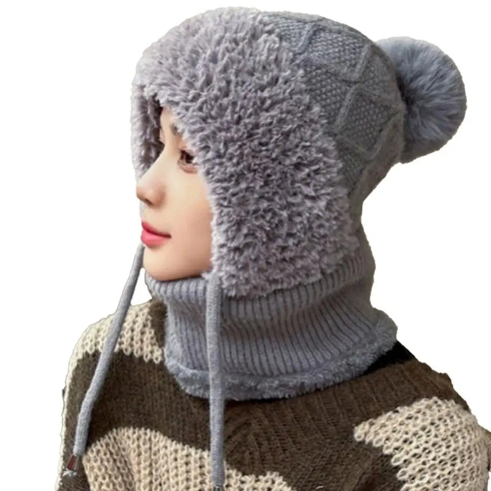 Women Winter Velvet Knitted Woolen Balaclava Hat Ear Protection fluffy Hat Mask Neck Integrated Warmth Cover Hat lady hooded cap