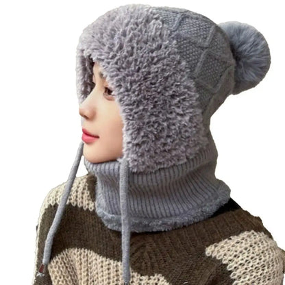 Women Winter Velvet Knitted Woolen Balaclava Hat Ear Protection fluffy Hat Mask Neck Integrated Warmth Cover Hat lady hooded cap
